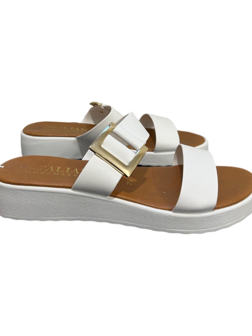 Italian Shoemakers white leather sandals with gold buckle #summer size 7.5